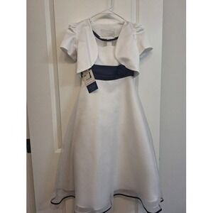 Alfred Angelo Dress & Bolero Girls 7/8 White Navy NWT Formal Flower Girl 6532